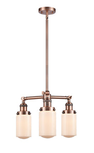 207-AC-G311 3-Light 17" Antique Copper Chandelier - Matte White Cased Dover Glass - LED Bulb - Dimmensions: 17 x 17 x 10.75<br>Minimum Height : 21.625<br>Maximum Height : 45.625 - Sloped Ceiling Compatible: Yes