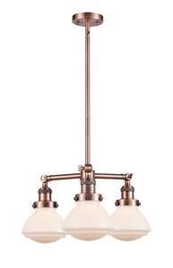 207-AC-G321 3-Light 18.75" Antique Copper Chandelier - Matte White Olean Glass - LED Bulb - Dimmensions: 18.75 x 18.75 x 10.75<br>Minimum Height : 20.125<br>Maximum Height : 44.125 - Sloped Ceiling Compatible: Yes