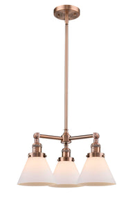 207-AC-G41 3-Light 22" Antique Copper Chandelier - Matte White Cased Large Cone Glass - LED Bulb - Dimmensions: 22 x 22 x 13<br>Minimum Height : 21.125<br>Maximum Height : 45.125 - Sloped Ceiling Compatible: Yes