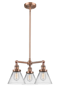 207-AC-G42 3-Light 22" Antique Copper Chandelier - Clear Large Cone Glass - LED Bulb - Dimmensions: 22 x 22 x 13<br>Minimum Height : 21.125<br>Maximum Height : 45.125 - Sloped Ceiling Compatible: Yes