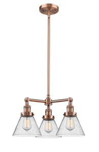 207-AC-G44 3-Light 22" Antique Copper Chandelier - Seedy Large Cone Glass - LED Bulb - Dimmensions: 22 x 22 x 13<br>Minimum Height : 21.125<br>Maximum Height : 45.125 - Sloped Ceiling Compatible: Yes