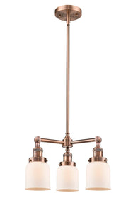 207-AC-G51 3-Light 19" Antique Copper Chandelier - Matte White Cased Small Bell Glass - LED Bulb - Dimmensions: 19 x 19 x 11<br>Minimum Height : 20.875<br>Maximum Height : 44.875 - Sloped Ceiling Compatible: Yes