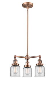 207-AC-G52 3-Light 19" Antique Copper Chandelier - Clear Small Bell Glass - LED Bulb - Dimmensions: 19 x 19 x 11<br>Minimum Height : 20.875<br>Maximum Height : 44.875 - Sloped Ceiling Compatible: Yes