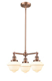 207-AC-G531 3-Light 20" Antique Copper Chandelier - Matte White Cased Small Oxford Glass - LED Bulb - Dimmensions: 20 x 20 x 10<br>Minimum Height : 20.875<br>Maximum Height : 44.875 - Sloped Ceiling Compatible: Yes