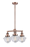 207-AC-G532 3-Light 20" Antique Copper Chandelier - Clear Small Oxford Glass - LED Bulb - Dimmensions: 20 x 20 x 10<br>Minimum Height : 20.875<br>Maximum Height : 44.875 - Sloped Ceiling Compatible: Yes