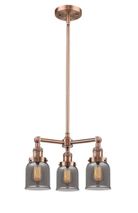 207-AC-G53 3-Light 19" Antique Copper Chandelier - Plated Smoke Small Bell Glass - LED Bulb - Dimmensions: 19 x 19 x 11<br>Minimum Height : 20.875<br>Maximum Height : 44.875 - Sloped Ceiling Compatible: Yes