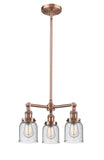 207-AC-G54 3-Light 19" Antique Copper Chandelier - Seedy Small Bell Glass - LED Bulb - Dimmensions: 19 x 19 x 11<br>Minimum Height : 20.875<br>Maximum Height : 44.875 - Sloped Ceiling Compatible: Yes