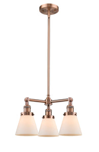 207-AC-G61 3-Light 19" Antique Copper Chandelier - Matte White Cased Small Cone Glass - LED Bulb - Dimmensions: 19 x 19 x 11<br>Minimum Height : 20.875<br>Maximum Height : 44.875 - Sloped Ceiling Compatible: Yes