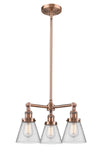207-AC-G62 3-Light 19" Antique Copper Chandelier - Clear Small Cone Glass - LED Bulb - Dimmensions: 19 x 19 x 11<br>Minimum Height : 20.875<br>Maximum Height : 44.875 - Sloped Ceiling Compatible: Yes