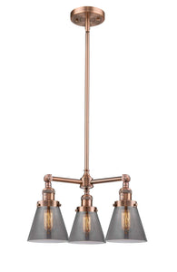 207-AC-G63 3-Light 19" Antique Copper Chandelier - Plated Smoke Small Cone Glass - LED Bulb - Dimmensions: 19 x 19 x 11<br>Minimum Height : 20.875<br>Maximum Height : 44.875 - Sloped Ceiling Compatible: Yes