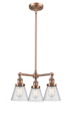 207-AC-G64 3-Light 19" Antique Copper Chandelier - Seedy Small Cone Glass - LED Bulb - Dimmensions: 19 x 19 x 11<br>Minimum Height : 20.875<br>Maximum Height : 44.875 - Sloped Ceiling Compatible: Yes