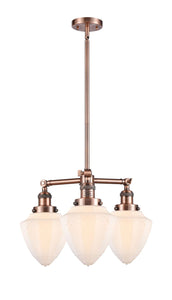 207-AC-G661-7 3-Light 20" Antique Copper Chandelier - Matte White Cased Small Bullet Glass - LED Bulb - Dimmensions: 20 x 20 x 17<br>Minimum Height : 26<br>Maximum Height : 50 - Sloped Ceiling Compatible: Yes