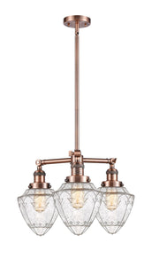 207-AC-G664-7 3-Light 20" Antique Copper Chandelier - Seedy Small Bullet Glass - LED Bulb - Dimmensions: 20 x 20 x 17<br>Minimum Height : 26<br>Maximum Height : 50 - Sloped Ceiling Compatible: Yes