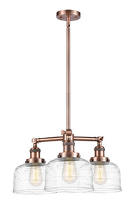 207-AC-G713 3-Light 22" Antique Copper Chandelier - Clear Deco Swirl Large Bell Glass - LED Bulb - Dimmensions: 22 x 22 x 11<br>Minimum Height : 20.875<br>Maximum Height : 44.875 - Sloped Ceiling Compatible: Yes