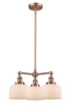 207-AC-G71 3-Light 22" Antique Copper Chandelier - Matte White Cased Large Bell Glass - LED Bulb - Dimmensions: 22 x 22 x 11<br>Minimum Height : 20.875<br>Maximum Height : 44.875 - Sloped Ceiling Compatible: Yes