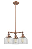 207-AC-G72 3-Light 22" Antique Copper Chandelier - Clear Large Bell Glass - LED Bulb - Dimmensions: 22 x 22 x 11<br>Minimum Height : 20.875<br>Maximum Height : 44.875 - Sloped Ceiling Compatible: Yes