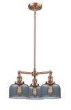 207-AC-G73 3-Light 22" Antique Copper Chandelier - Plated Smoke Large Bell Glass - LED Bulb - Dimmensions: 22 x 22 x 11<br>Minimum Height : 20.875<br>Maximum Height : 44.875 - Sloped Ceiling Compatible: Yes