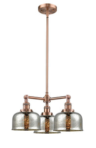 207-AC-G78 3-Light 22" Antique Copper Chandelier - Silver Plated Mercury Large Bell Glass - LED Bulb - Dimmensions: 22 x 22 x 11<br>Minimum Height : 20.875<br>Maximum Height : 44.875 - Sloped Ceiling Compatible: Yes