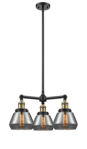 207-BAB-G173 3-Light 22" Black Antique Brass Chandelier - Plated Smoke Fulton Glass - LED Bulb - Dimmensions: 22 x 22 x 13<br>Minimum Height : 20.375<br>Maximum Height : 44.375 - Sloped Ceiling Compatible: Yes