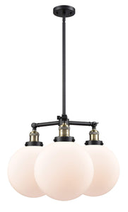 207-BAB-G201-10 3-Light 24" Black Antique Brass Chandelier - Matte White Cased Beacon Glass - LED Bulb - Dimmensions: 24 x 24 x 13.75<br>Minimum Height : 24.875<br>Maximum Height : 48.875 - Sloped Ceiling Compatible: Yes