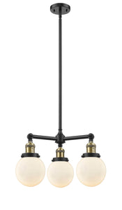 207-BAB-G201-6 3-Light 19" Black Antique Brass Chandelier - Matte White Cased Beacon Glass - LED Bulb - Dimmensions: 19 x 19 x 11<br>Minimum Height : 20.875<br>Maximum Height : 44.875 - Sloped Ceiling Compatible: Yes