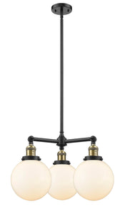 207-BAB-G201-8 3-Light 22" Black Antique Brass Chandelier - Matte White Cased Beacon Glass - LED Bulb - Dimmensions: 22 x 22 x 13.75<br>Minimum Height : 22.875<br>Maximum Height : 46.875 - Sloped Ceiling Compatible: Yes