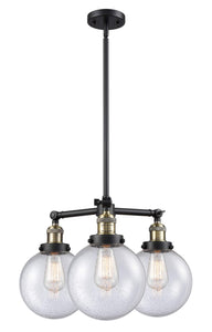 207-BAB-G204-8 3-Light 22" Black Antique Brass Chandelier - Seedy Beacon Glass - LED Bulb - Dimmensions: 22 x 22 x 13.75<br>Minimum Height : 22.875<br>Maximum Height : 46.875 - Sloped Ceiling Compatible: Yes