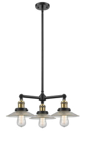 207-BAB-G2 3-Light 21.625" Black Antique Brass Chandelier - Clear Halophane Glass - LED Bulb - Dimmensions: 21.625 x 21.625 x 8<br>Minimum Height : 17.125<br>Maximum Height : 41.125 - Sloped Ceiling Compatible: Yes