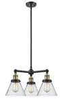 207-BAB-G44 3-Light 22" Black Antique Brass Chandelier - Seedy Large Cone Glass - LED Bulb - Dimmensions: 22 x 22 x 13<br>Minimum Height : 21.125<br>Maximum Height : 45.125 - Sloped Ceiling Compatible: Yes