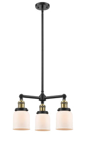 207-BAB-G51 3-Light 19" Black Antique Brass Chandelier - Matte White Cased Small Bell Glass - LED Bulb - Dimmensions: 19 x 19 x 11<br>Minimum Height : 20.875<br>Maximum Height : 44.875 - Sloped Ceiling Compatible: Yes