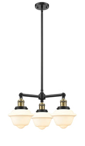 207-BAB-G531 3-Light 20" Black Antique Brass Chandelier - Matte White Cased Small Oxford Glass - LED Bulb - Dimmensions: 20 x 20 x 10<br>Minimum Height : 20.875<br>Maximum Height : 44.875 - Sloped Ceiling Compatible: Yes