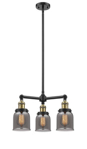 207-BAB-G53 3-Light 19" Black Antique Brass Chandelier - Plated Smoke Small Bell Glass - LED Bulb - Dimmensions: 19 x 19 x 11<br>Minimum Height : 20.875<br>Maximum Height : 44.875 - Sloped Ceiling Compatible: Yes