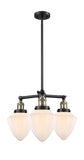207-BAB-G661-7 3-Light 20" Black Antique Brass Chandelier - Matte White Cased Small Bullet Glass - LED Bulb - Dimmensions: 20 x 20 x 17<br>Minimum Height : 26<br>Maximum Height : 50 - Sloped Ceiling Compatible: Yes