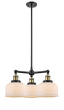 207-BAB-G71 3-Light 22" Black Antique Brass Chandelier - Matte White Cased Large Bell Glass - LED Bulb - Dimmensions: 22 x 22 x 11<br>Minimum Height : 20.875<br>Maximum Height : 44.875 - Sloped Ceiling Compatible: Yes