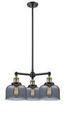 207-BAB-G73 3-Light 22" Black Antique Brass Chandelier - Plated Smoke Large Bell Glass - LED Bulb - Dimmensions: 22 x 22 x 11<br>Minimum Height : 20.875<br>Maximum Height : 44.875 - Sloped Ceiling Compatible: Yes