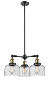 207-BAB-G74 3-Light 22" Black Antique Brass Chandelier - Seedy Large Bell Glass - LED Bulb - Dimmensions: 22 x 22 x 11<br>Minimum Height : 20.875<br>Maximum Height : 44.875 - Sloped Ceiling Compatible: Yes