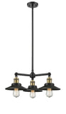 207-BAB-M6 3-Light 19" Black Antique Brass Chandelier - Matte Black Railroad Shade - LED Bulb - Dimmensions: 19 x 19 x 8<br>Minimum Height : 17.125<br>Maximum Height : 41.125 - Sloped Ceiling Compatible: Yes