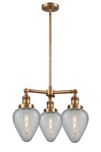 207-BB-G165 3-Light 26" Brushed Brass Chandelier - Clear Crackle Geneseo Glass - LED Bulb - Dimmensions: 26 x 26 x 16<br>Minimum Height : 23.875<br>Maximum Height : 47.875 - Sloped Ceiling Compatible: Yes