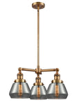 207-BB-G173 3-Light 22" Brushed Brass Chandelier - Plated Smoke Fulton Glass - LED Bulb - Dimmensions: 22 x 22 x 13<br>Minimum Height : 20.375<br>Maximum Height : 44.375 - Sloped Ceiling Compatible: Yes
