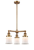 207-BB-G181S 3-Light 18" Brushed Brass Chandelier - Matte White Small Canton Glass - LED Bulb - Dimmensions: 18 x 18 x 13<br>Minimum Height : 20.625<br>Maximum Height : 44.625 - Sloped Ceiling Compatible: Yes