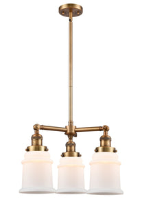 207-BB-G181 3-Light 18" Brushed Brass Chandelier - Matte White Canton Glass - LED Bulb - Dimmensions: 18 x 18 x 13<br>Minimum Height : 22.375<br>Maximum Height : 46.375 - Sloped Ceiling Compatible: Yes