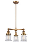 207-BB-G182S 3-Light 18" Brushed Brass Chandelier - Clear Small Canton Glass - LED Bulb - Dimmensions: 18 x 18 x 13<br>Minimum Height : 20.625<br>Maximum Height : 44.625 - Sloped Ceiling Compatible: Yes
