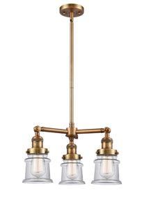 207-BB-G182S 3-Light 18" Brushed Brass Chandelier - Clear Small Canton Glass - LED Bulb - Dimmensions: 18 x 18 x 13<br>Minimum Height : 20.625<br>Maximum Height : 44.625 - Sloped Ceiling Compatible: Yes