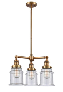 207-BB-G184 3-Light 18" Brushed Brass Chandelier - Seedy Canton Glass - LED Bulb - Dimmensions: 18 x 18 x 13<br>Minimum Height : 22.375<br>Maximum Height : 46.375 - Sloped Ceiling Compatible: Yes