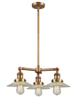 207-BB-G2 3-Light 21.625" Brushed Brass Chandelier - Clear Halophane Glass - LED Bulb - Dimmensions: 21.625 x 21.625 x 8<br>Minimum Height : 17.125<br>Maximum Height : 41.125 - Sloped Ceiling Compatible: Yes