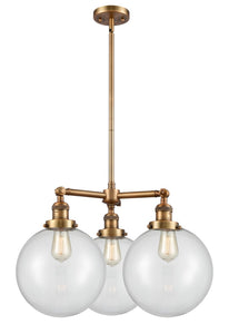 207-BB-G202-10 3-Light 24" Brushed Brass Chandelier - Clear Beacon Glass - LED Bulb - Dimmensions: 24 x 24 x 13.75<br>Minimum Height : 24.875<br>Maximum Height : 48.875 - Sloped Ceiling Compatible: Yes