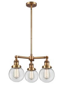 207-BB-G202-6 3-Light 19" Brushed Brass Chandelier - Clear Beacon Glass - LED Bulb - Dimmensions: 19 x 19 x 11<br>Minimum Height : 20.875<br>Maximum Height : 44.875 - Sloped Ceiling Compatible: Yes