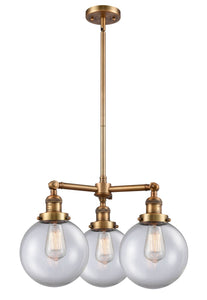 207-BB-G202-8 3-Light 22" Brushed Brass Chandelier - Clear Beacon Glass - LED Bulb - Dimmensions: 22 x 22 x 13.75<br>Minimum Height : 22.875<br>Maximum Height : 46.875 - Sloped Ceiling Compatible: Yes