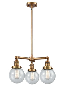 207-BB-G204-6 3-Light 19" Brushed Brass Chandelier - Seedy Beacon Glass - LED Bulb - Dimmensions: 19 x 19 x 11<br>Minimum Height : 20.875<br>Maximum Height : 44.875 - Sloped Ceiling Compatible: Yes