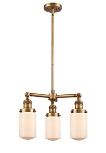 207-BB-G311 3-Light 17" Brushed Brass Chandelier - Matte White Cased Dover Glass - LED Bulb - Dimmensions: 17 x 17 x 10.75<br>Minimum Height : 21.625<br>Maximum Height : 45.625 - Sloped Ceiling Compatible: Yes